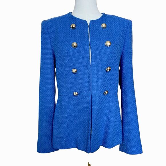 Zara Textured Blue Blazer Jacket Gold Buttons Hook Eye Closure Cotton Medium - Picture 5 of 16